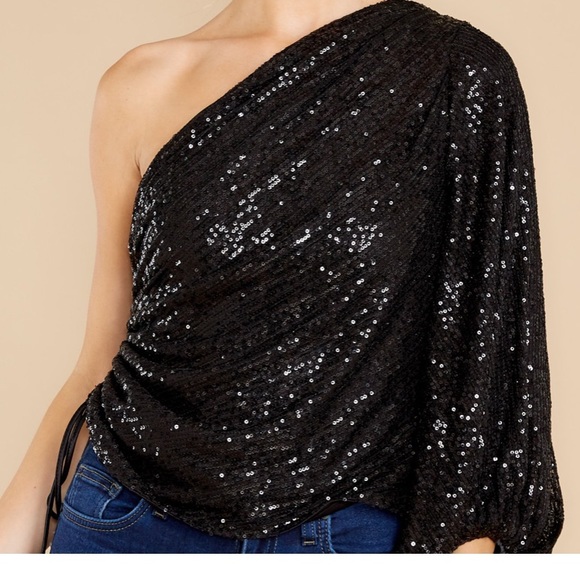 Black sequined one shoulder top - Picture 3 of 5